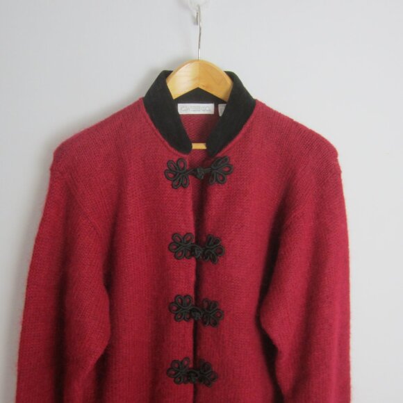 Vtg Cherry Webb Co Womens XL Red Black Velvet Collar LS Mohair Wool Cardigan - Picture 3 of 12
